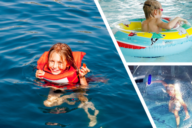 Kuvakollaasin yhdessä kuvassa Tyttö vedessä pelastusliivit päällä esittelee pelastuspilliä. Kahdessa muussa kuvassa pieni poika ui uimarenkaan kanssa ja toisessa ison WaterZorb pallon sisällä.