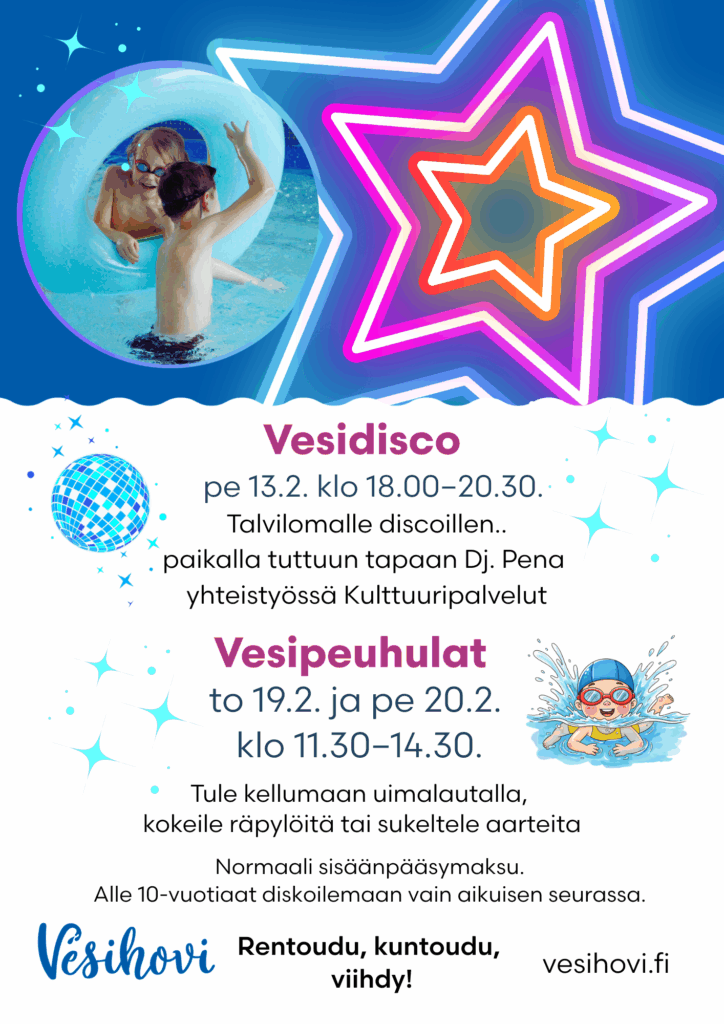Talviloman vesidisco ja vesipeuhulat mainos kuvana. kuvassa uimarengas jolla kaksi pientä poikaa leikkivät ja neonväreissä hohtava tähti vieressä kuvaamassa discoa.