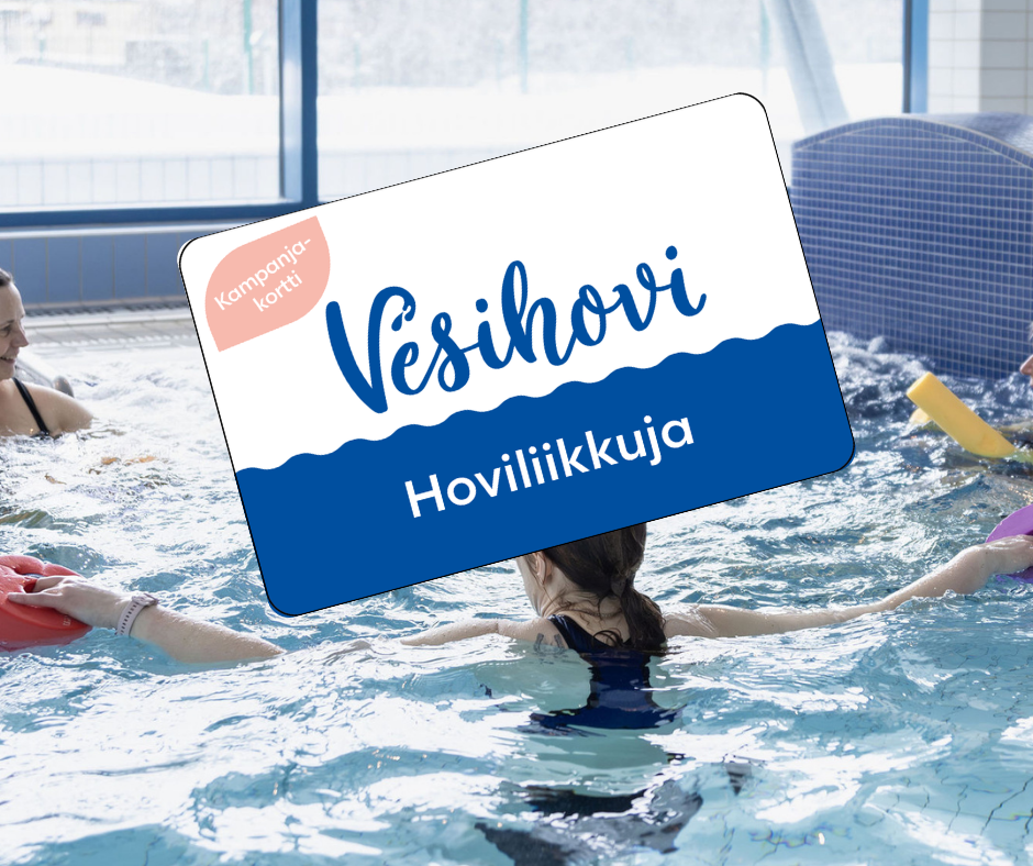 Kuvassa Hoviliikkujakortti. Kortin taustalla Vesihovin uima-altaassa uimareita.