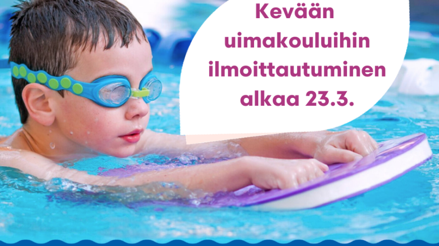 Poika uimalasit päässään harjoittelee uimalaudan kanssa altaassa.