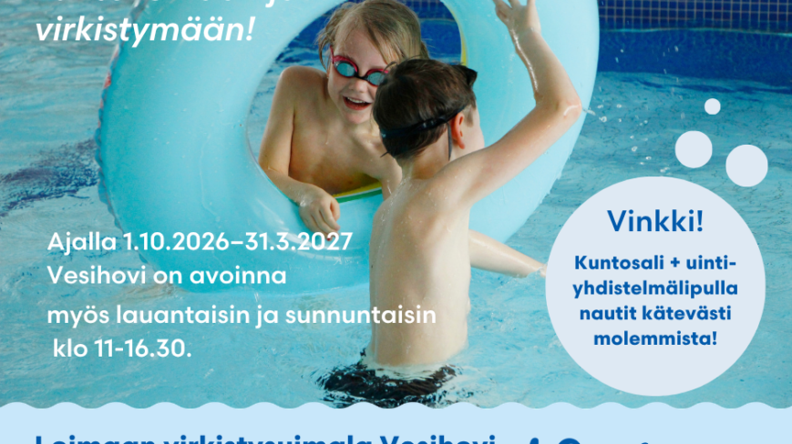 Aukioloajat laajenevat kuvituskuva, jossa kaksi pientä poikaa uima-altaassa leikkivät isolla uimarenkaalla.